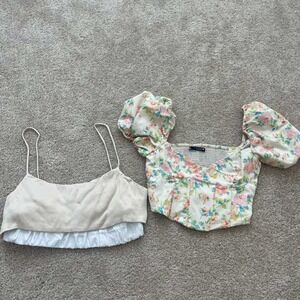 Zara Women Crop Top lot of 2 S Floral Puff Sleeve & Beige Spaghetti Strap